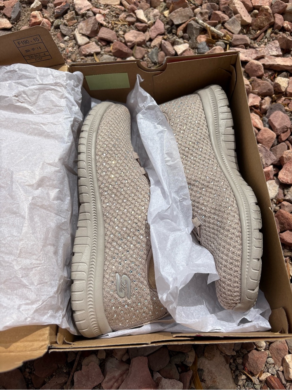 Skechers Women's 8 Slip-On Sneakers in Light Taupe with Sparkle & Rhinestones